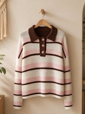 Nordstrom Striped Pink, White & Brown Polo Knit Sweater